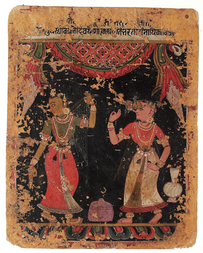 Old and worn Indian painting of two women